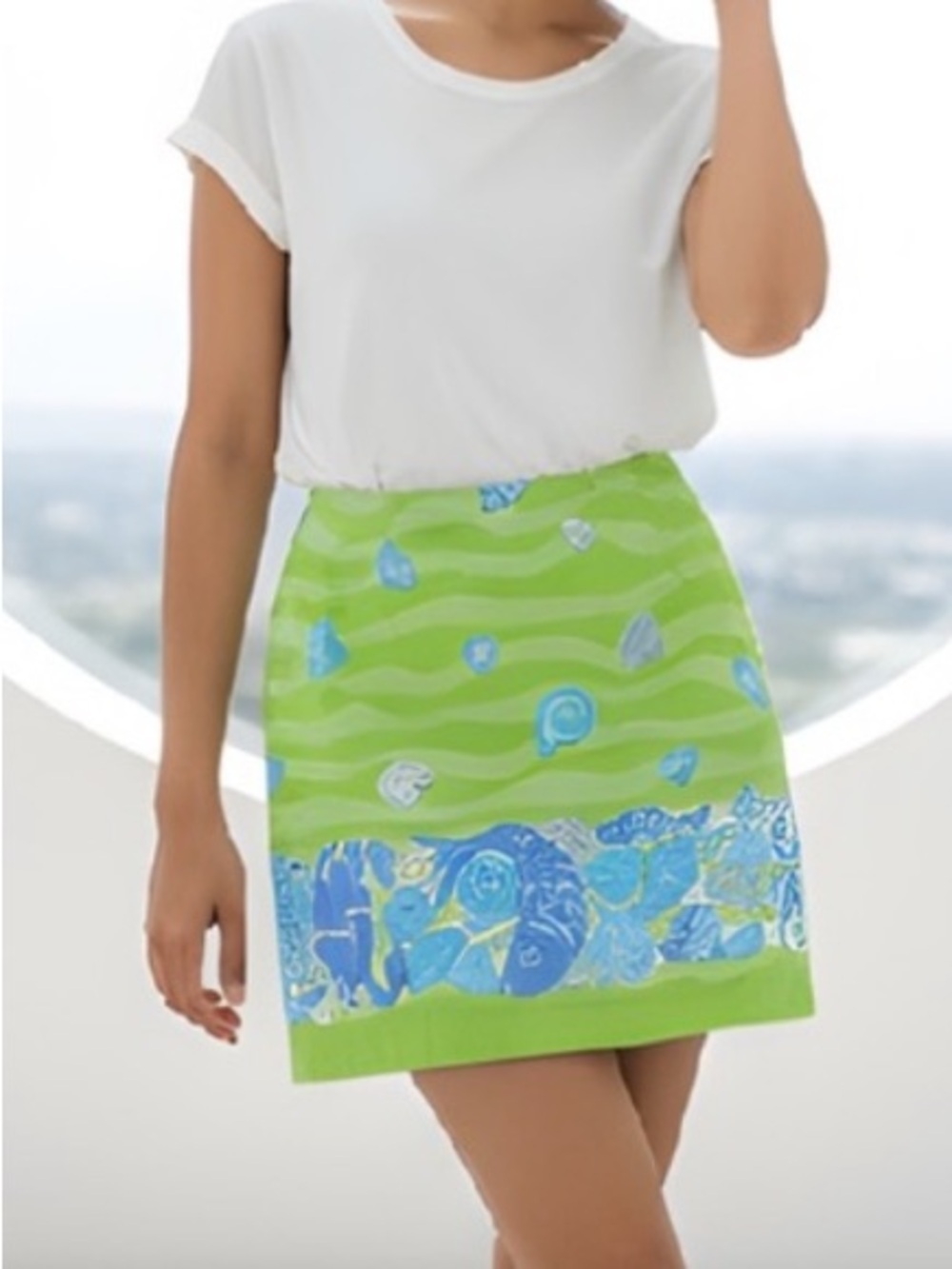 EUC Lily Pulitzer SZ 0 green/blue/purple crab, shells, fish print/waist 24”